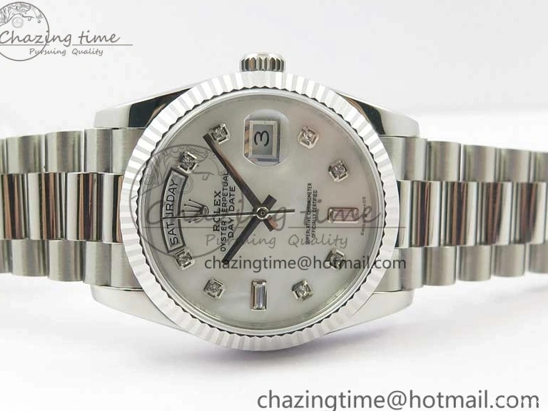 0521 Day-Date 36 SS 128239 Bp Maker Best Edition White MOP Dial Crystral Markers on President Bracelet FlexibleFit 3153